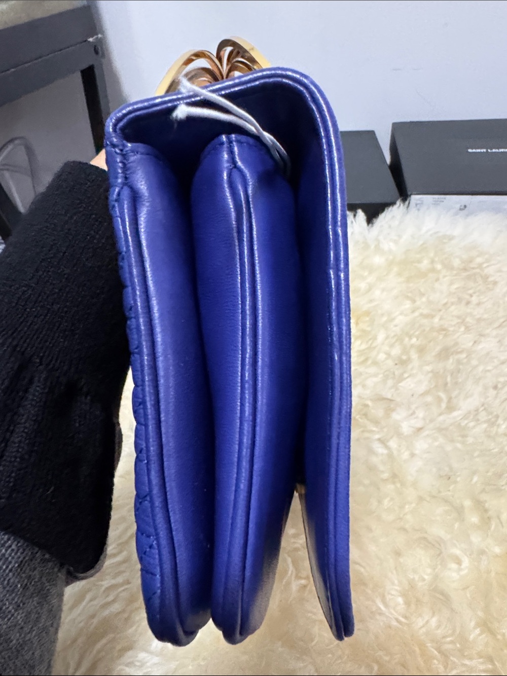 Bally Quilted Blue Leather Top-Handle Satchel with Gold Accents - Picture 3 of 9